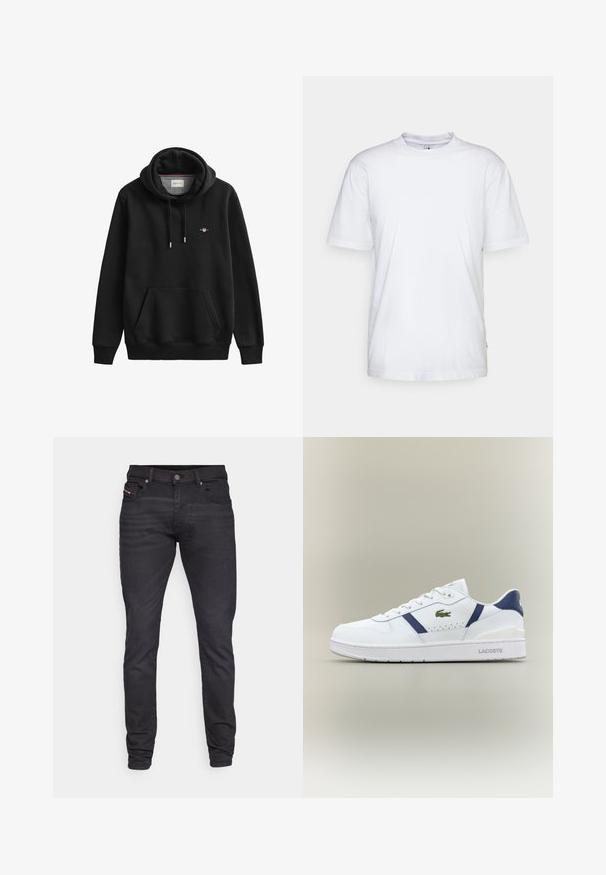 Sudadera negra con capucha hecha de una mezcla de algodón. Cuenta con un bolsillo canguro delantero, capucha con cordón ajustable y un pequeño logotipo en el pecho.; Camiseta de algodón blanca con cuello redondo, mangas cortas y dobladillo recto. Cuenta con una pequeña etiqueta de la marca en la costura lateral izquierda.; Jeans negros ajustados con una textura suave, cinco bolsillos, trabillas para cinturón y cierre de botón metálico. Presenta un sutil logotipo en el bolsillo delantero.; Zapatilla Lacoste blanca con acentos en azul marino, logo de cocodrilo verde, diseño de cordones y suela de marca sobre fondo neutro.