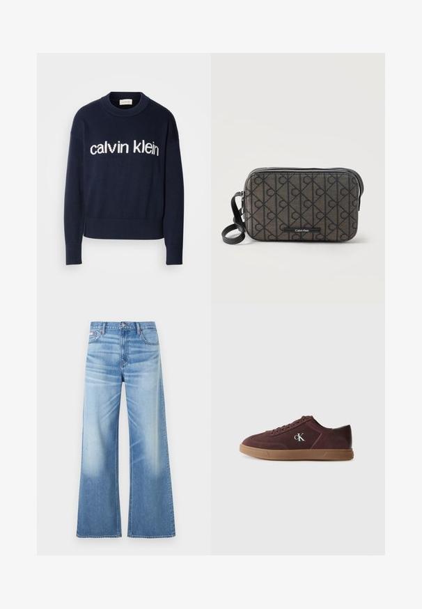 Μπλέ πουλόβερ με λογότυπο "calvin klein" σε λευκό χρώμα στο στήθος, με ραμμένες μανσέτες και τελείωμα, κατασκευασμένο από μαλακό πλεκτό υλικό.; Calvin Klein Jeans LOW RISE BAGGY - Τζιν χαλαρής εφαρμογής - diamond cove; Calvin Klein Αθλητικά παπούτσια - bordeaux; Ορθογώνια τσάντα Calvin Klein crossbody με μαύρο μοτίβο λογότυπου, μαύρο φερμουάρ και ρυθμιζόμενο μαύρο λουράκι σε λευκό φόντο.