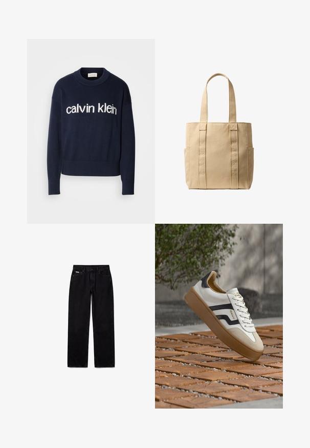 Μπλέ πουλόβερ με λογότυπο "calvin klein" σε λευκό χρώμα στο στήθος, με ραμμένες μανσέτες και τελείωμα, κατασκευασμένο από μαλακό πλεκτό υλικό.; Μαύρο τζιν με ίσια γραμμή, κουμπί και φερμουάρ μπροστά, θηλιές για ζώνη, δύο μπροστινές τσέπες και μια μικρή λευκή ετικέτα με το λογότυπο στη δεξιά τσέπη.; Λευκό αθλητικό παπούτσι με μαύρες λεπτομέρειες και ταμπά σουέντ, με υφή στη σόλα από καουτσούκ και σχέδιο με κορδόνια. Λογότυπο της μάρκας εμφανές στο πλάι.; Μπεζ υφασμάτινη τσάντα ώμου Calvin Klein με δύο μακριές λαβές, κάθετη κεντητή επωνυμία στις μπροστινές λουρίδες και πλαϊνές τσέπες.