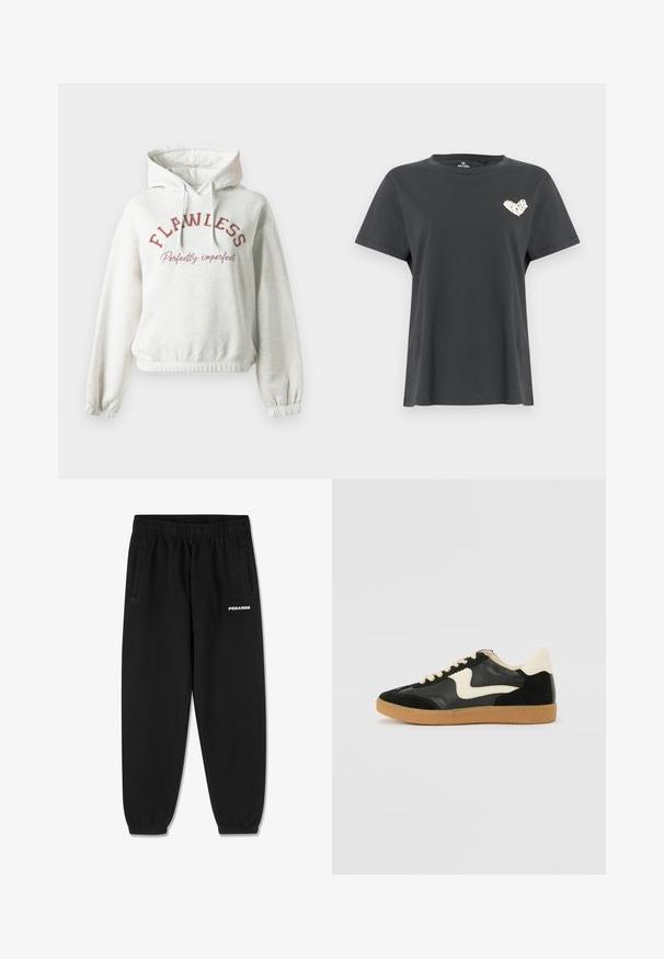 Lichtgrijze hoodie van zachte stof, met een relaxed fit, ribbels aan de mouwen en een capuchon met trekkoord. Tekst "FLAWLESS" en "Perfectly imperfect" in bordeauxrood.; Zwart T-shirt met korte mouwen en ronde hals, met een klein wit hartvormig ontwerp op de linkerborst.; Zwarte sweatpants van zacht materiaal, met een verstelbare tailleband, taps toelopende benen en zijzakken. "PEGADOR" logo in het wit op de voorkant.; Zwarte suède en leren sneaker met een crèmekleurige zij-swoosh en lichte crèmekleurige hiel. Voorzien van beige veters en een gumrubberen zool.