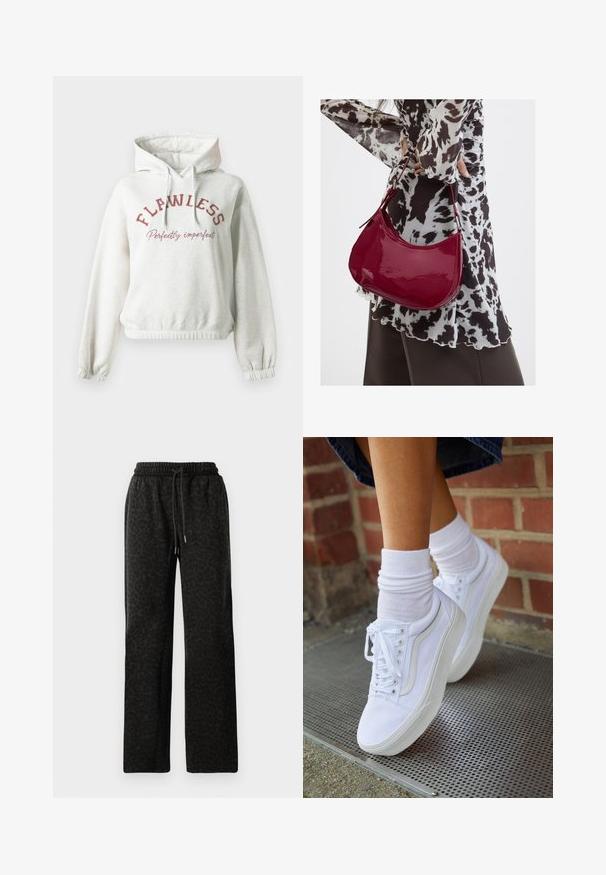 Hoodie gris clair en tissu doux, avec une coupe décontractée, des poignets côtelés et une capuche à cordon. Texte "FLAWLESS" et "Perfectly imperfect" en bourgogne.; Joggings noirs à imprimé léopard avec taille élastique et cordon de serrage. Tissu doux, design à jambes larges, texture subtile.; Baskets en toile blanches avec semelles en caoutchouc, dotées de six œillets, d'un bout rond et de détails de couture légers, portées avec des chaussettes blanches mi-mollet.; Femme portant un chemisier à motif noir et blanc tenant un sac à main rouge brillant sur un fond uni.