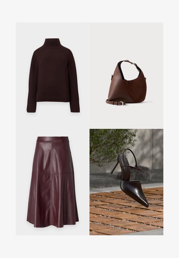 Suéter de cuello alto de punto acanalado en marrón oscuro, con mangas largas y un ajuste ligeramente cuadrado sobre un fondo liso.; Falda de cuero burdeos oscuro hasta la rodilla con corte en A y costuras visibles verticales y horizontales.; Zueco negro brillante de tacón alto con puntera puntiaguda y correa en el tobillo, suspendido sobre una superficie de baldosas de terracota con espacios de grava.; Bolso de hombro marrón en piel y ante con forma curva, correa ajustable y detalle de hebilla plateada sobre un fondo claro liso.