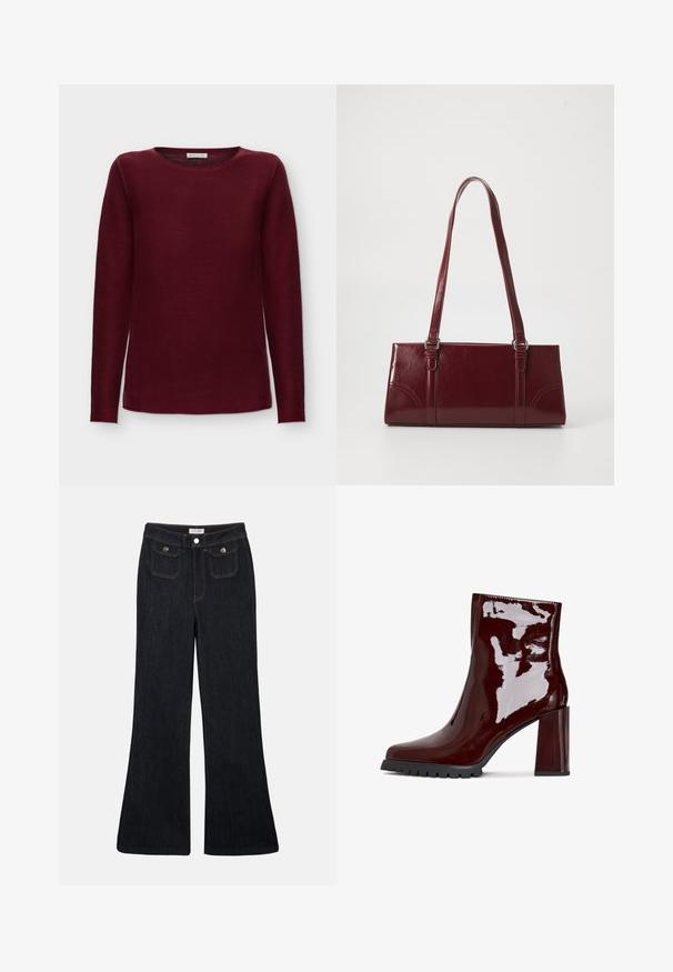 Langærmet ribstrikket sweater i mørkerød med rund halsudskæring og lige kant.; Sorte denim jeans med høj talje, flared ben, to frontlommer og orange syninger. Materialet ser solidt og glat ud.; Glatte bordeaux ankelstøvle med firkantet tå, kraftig gennemsigtig hæl og tekstureret sort sål. Glat overflade med en højglans finish.; Bordeaux håndtaske lavet af glansfuldt materiale, rektangulær form, med to skulderremme og subtile buede detaljer på forsiden.