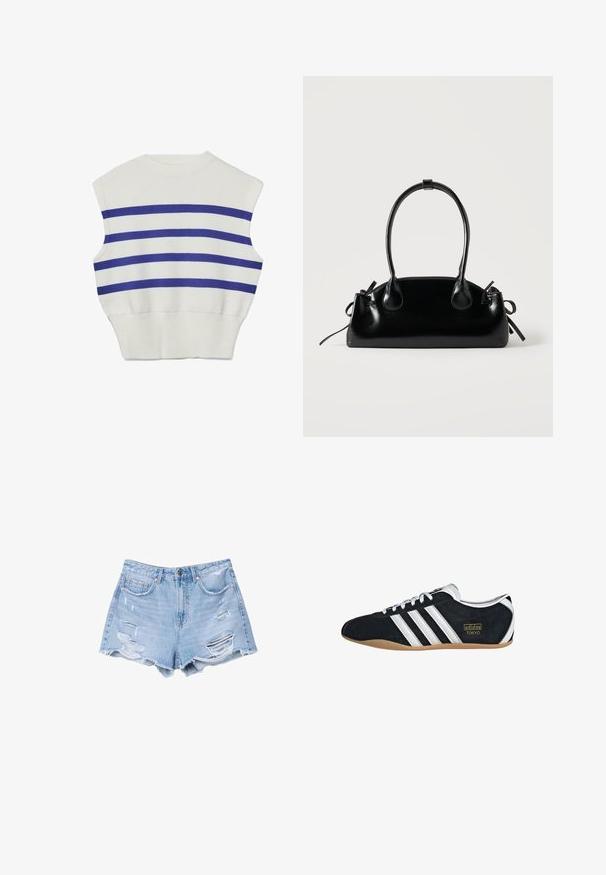 Hvid ærmeløs strikket sweater med tre horisontale blå striber over brystet og ribkant ved taljen.; Lyseblå denimshorts med frynsetkant og slidte detaljer, med forlommer og knaplukning.; Sort ruskinds sneaker med hvide tre striber, guldlogo og en brun gummisål. Har et lavprofil snørebåndsdesign.; Lille sort blank håndtaske med to lange håndtag og snøre-detaljer i siden på en ensfarvet lys baggrund.