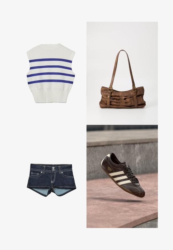 Hvid ærmeløs strikket sweater med tre horisontale blå striber over brystet og ribkant ved taljen.; Denim shorts i mørkeblå med lyseblå indvendig foring, med forlommer, to knapper og kontrastsyning på taljen.; Brun lædersneaker med hvide tre striber, tekstureret overflade, snørelukning og brun gummisål. Har prægede logo på siden.; Even&Odd Håndtasker - brown