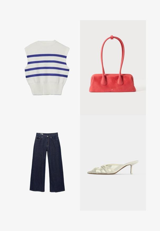 Pull sans manches blanc en maille avec trois rayures horizontales bleues sur la poitrine et un ourlet côtelé à la taille.; Jean en denim bleu foncé à jambes larges avec poches avant, passants pour ceinture et fermeture à bouton.; Mule blanche en satin à bout pointu avec des détails froncés et un talon fin de hauteur moyenne sur fond uni.; Sac à main en cuir rouge avec une longue poignée fine bouclée et fixée en haut, présenté sur un fond clair uni.