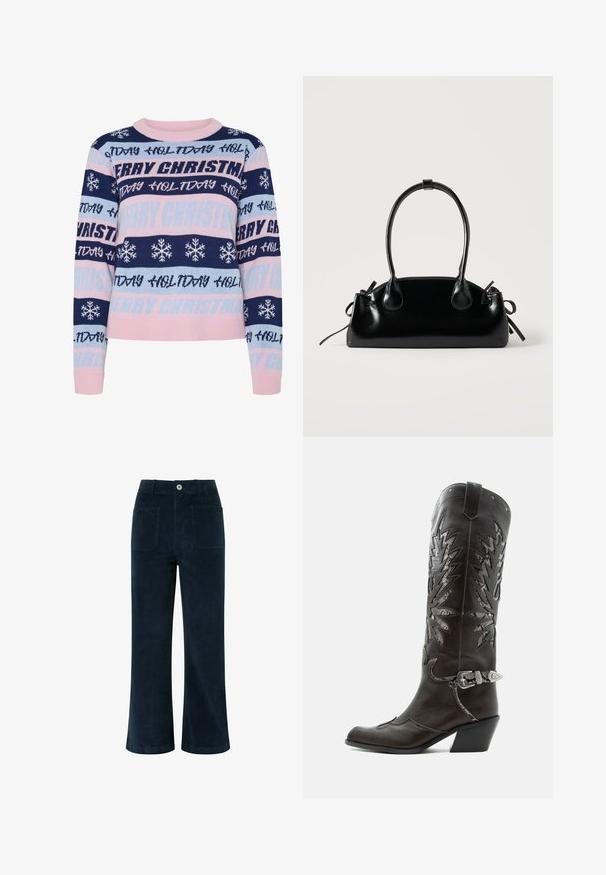Gebreide kersttrui met afwisselende strepen in marineblauw, lichtblauw en roze. De tekst bevat "VROLJKE KERST" en sneeuwvlokkenpatronen.; Navyblauwe corduroy broek met hoge taille, wijde pijpen, twee achterzakken en een sluiting met knoop aan de voorkant. Zachte textuur met een gladde afwerking.; Zwarte leren cowboylaars met decoratieve uitsnijdingen, zilveren gesp en schuine hak, weergegeven op een witte achtergrond.; Kleine zwarte glanzende handtas met twee lange hengsels en zijkant trekkoord details op een effen lichte achtergrond.