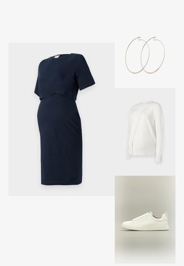 Suéter blanco de manga larga con escote redondo, que presenta un diseño diagonal plegado en el frente y puños y dobladillo acanalados. Material suave.; Vestido de maternidad azul marino hecho de algodón suave, con mangas cortas y un diseño con superposición curva que se adapta a una barriga en crecimiento.; Zapatilla blanca de corte bajo con cordones, detalles laterales perforados y una lengüeta en el talón, sobre un fondo neutro.; Pilgrim Pendientes - gold-coloured