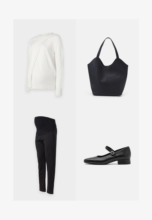Hvid langærmet trøje med rund halsudskæring, der har et skråt foldet design på fronten samt ribbede manchetter og kant. Blødt materiale.; ONLY MATERNITY OLMGISELEA - Bukser - black; Sorte læder Mary Jane-sko med en patenttå, justerbar ankelrem og lav blokhæl. Glat tekstur og strømlinet design.; Sort tote taske lavet af glat læder, med en buet, åben top, to skulderstropper og et minimalistisk design.
