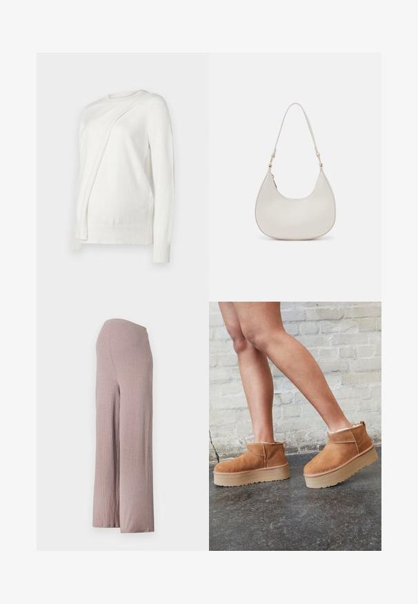 Suéter blanco de manga larga con escote redondo, que presenta un diseño diagonal plegado en el frente y puños y dobladillo acanalados. Material suave.; Pantalones de pierna ancha de color rosa claro, acanalados, con una cinturilla sin costuras, que presentan un tejido suave y texturizado y una silueta relajada.; Botas de tobillo de ante marrón con forro suave, suela de plataforma gruesa beige y una lengüeta trasera. Superficie texturizada con detalles de costura visibles.; Bolso de hombro de cuero crema con forma de media luna, correa delgada y sutil detalle de costuras. Diseño minimalista con acentos de hardware en tono dorado.