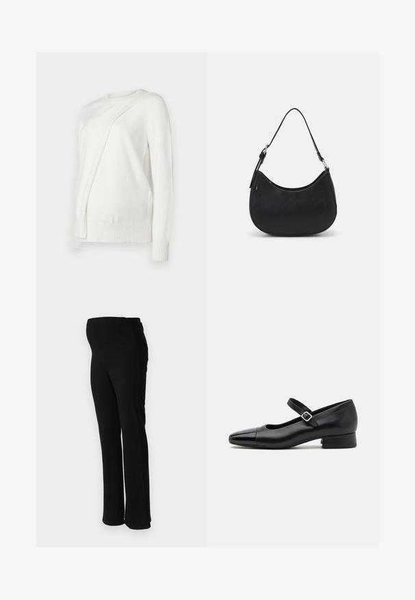Witte lange mouwen trui met een ronde halslijn, voorzien van een diagonale gevouwen ontwerp aan de voorkant en geribde boorden en zoom. Zacht materiaal.; ONLY MATERNITY OLMHALLE - Broek - black; Zwarte leren Mary Jane schoenen met een gepatenteerde neus, verstelbare enkelband en lage blokhak. Een gladde textuur en een elegante uitstraling.; Zwarte hobo tas van soepel leer met een gebogen silhouet, voorzien van een enkele verstelbare schouderriem en minimalistische ontwerpdetails.
