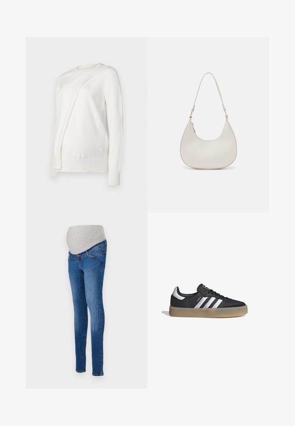 Suéter blanco de manga larga con escote redondo, que presenta un diseño diagonal plegado en el frente y puños y dobladillo acanalados. Material suave.; Jeans de maternidad en denim azul con un corte ajustado. Cuenta con un panel de estiramiento gris para mayor comodidad. Diseño clásico de cinco bolsillos con un ligero desvanecimiento.; Zapatilla deportiva de cuero negro con tres rayas plateadas, punta texturizada y suela de goma. Cuenta con un collar acolchado y un diseño con cordones.; Bolso de hombro de cuero crema con forma de media luna, correa delgada y sutil detalle de costuras. Diseño minimalista con acentos de hardware en tono dorado.