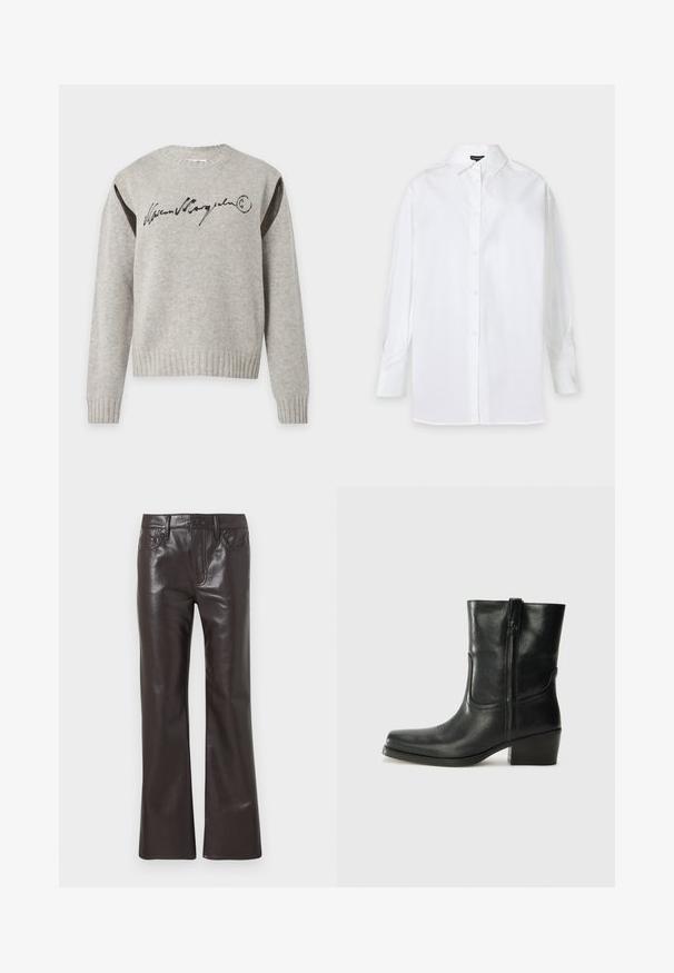 Lysegrå strikket sweater med lange ærmer, ribkanter ved manchetten og i kanten, sort signaturtekst tværs over brystet og mørke meshpaneler på skuldrene.; Langærmet hvid skjorte med knapper, spids krave og knapmanchetter, vist på en ensartet lys baggrund.; Mørkebrune bukser i imiteret læder med lige ben, knap- og lynlås-lukning, lommer foran og bagpå samt bæltestropper.; Sort læder ankelstøvle med rundt tå, blokhæl, lynlås i siden og stikninger på vampsiden. Glat tekstur, klassisk design.