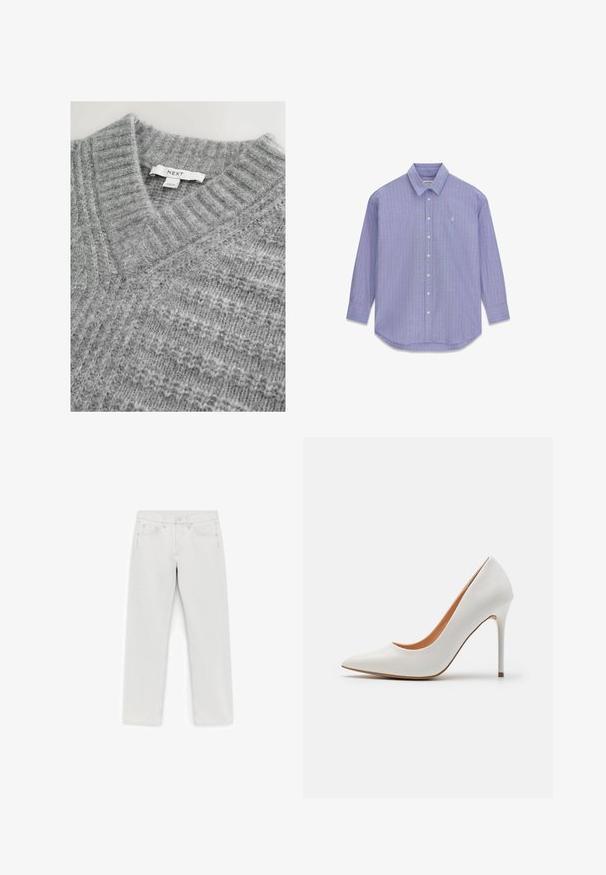 Grå strikket sweater med v-halsdesign. Har et struktureret mønster og "NEXT"-mærket på kraven. Blødt og hyggeligt materiale.; Lyseblå langærmet skjorte med knapper, med tynde lodrette lyserøde striber og et lille hvidt broderet logo på venstre bryst.; Hvide jeans med lige ben, forrest knappelukning og lynlås, fem lommer og bæltestropper, lagt fladt på en hvid baggrund.; Hvid patentlæder højhælet pumpe med spids tå og slank stiletto-hæl, der har en glat overflade og en beige inderside.