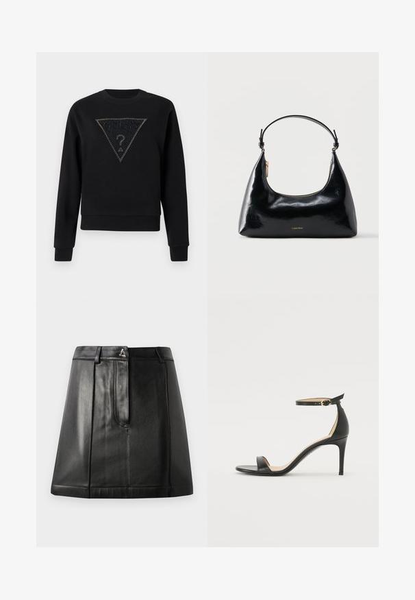 Sweat-shirt noir à col rond, avec un panneau texturé triangulaire orné de clous et le mot "GUESS" au-dessus d'un point d'interrogation.; Jupe en cuir noir avec une forme structurée, dotée d'une poche avant et d'un accent métallique à la taille. Texture lisse et détails de couture.; Sandale à talons hauts en cuir noir avec une lanière de cheville. Présente une texture lisse, un bout ouvert et un talon fin. Détail de boucle en ton doré.; Sac à main Calvin Klein noir brillant avec fermeture éclair dorée et anse courte sur fond blanc uni.