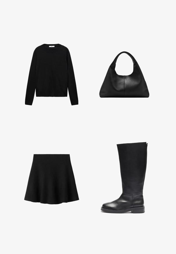 Pull noir à manches longues en matière douce avec un col rond et des poignets côtelés, présentant un design simple et droit.; Jupe évasée noire en tissu lisse, dotée d'une taille élastique et d'un ourlet qui s'élargit vers l'extérieur, créant une silhouette douce en A.; Botte noire en cuir, montante jusqu'au genou, avec un bout arrondi, une finition lisse, un talon carré et une fermeture éclair à l'arrière pour un enfilage facile.; Sac à main en cuir noir texturé avec une base large et des anses épaisses et arrondies, présentant une couture verticale centrale et des détails de surpiqûres subtils.