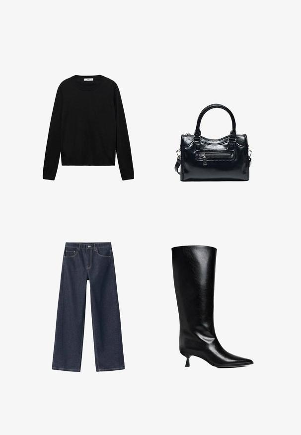 Sort langærmet sweater lavet af blødt materiale med rund hals og ribbede manchetter, med et enkelt og lige snit design.; Mørkeblå denim bukser med vid ben, høj talje, synlige syninger, to forlommer og en knaplukning i taljen.; Sort læderknæhøje støvler med spidse tæer, slank silhuet og en lav blokhæl med en blank finish.; Sort skinnende læderhåndtaske med to håndtag, lynlåslomme foran og aftagelig skulderrem på hvid baggrund.