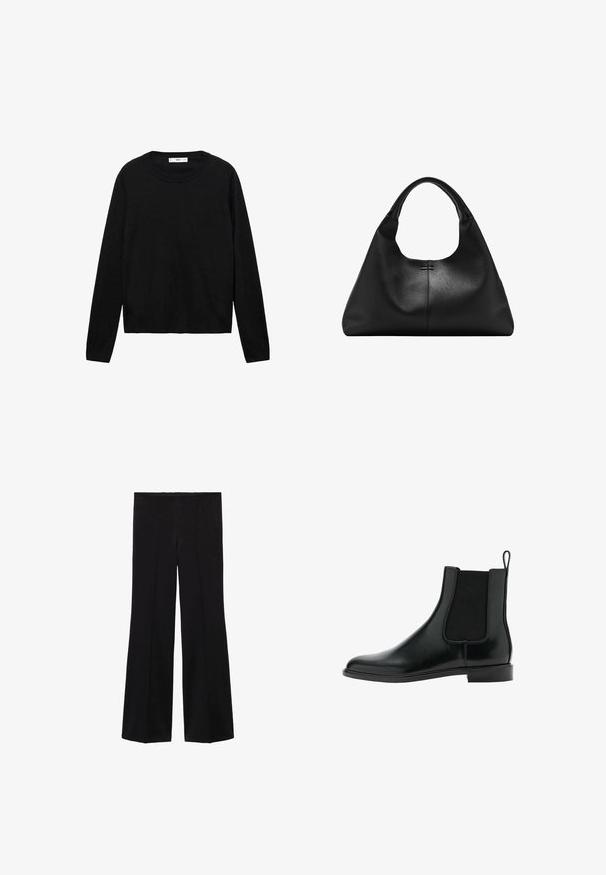 Sort langærmet sweater lavet af blødt materiale med rund hals og ribbede manchetter, med et enkelt og lige snit design.; Sorte højtaljede bukser med brede ben og for- søm detaljer, lavet af et glat stof.; Sort læder Chelsea støvle med elastisk sidepanel, rund tå, lav hæl og løftestrop bagpå. Glat tekstur og minimalistisk design.; Sort textured læderhåndtaske med bred bund og tykke, afrundede håndtag, der har en central lodret søm og subtil syningsdetalje.