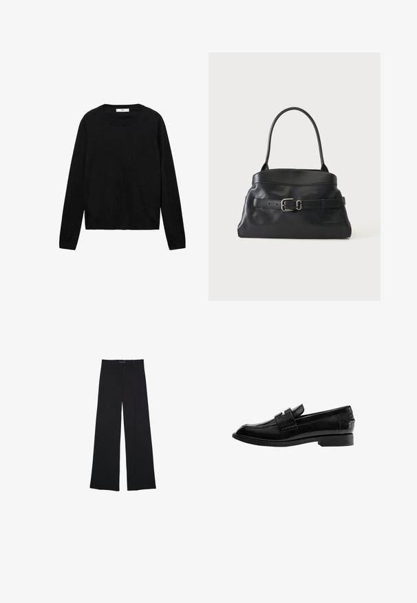 Sort langærmet sweater lavet af blødt materiale med rund hals og ribbede manchetter, med et enkelt og lige snit design.; Sorte bredbenede bukser lavet af et glat stof. Har en klassisk pasform, forlommer og en talje med knaplukning.; Sort læderloafer med en blank finish, let spids tå, slip-on design og en lav rektangulær hæl med syningsdetaljer.; Sort læderhåndtaske med enkelt skulderrem og et dekorativt bælte med en sølvspænde på forsiden.