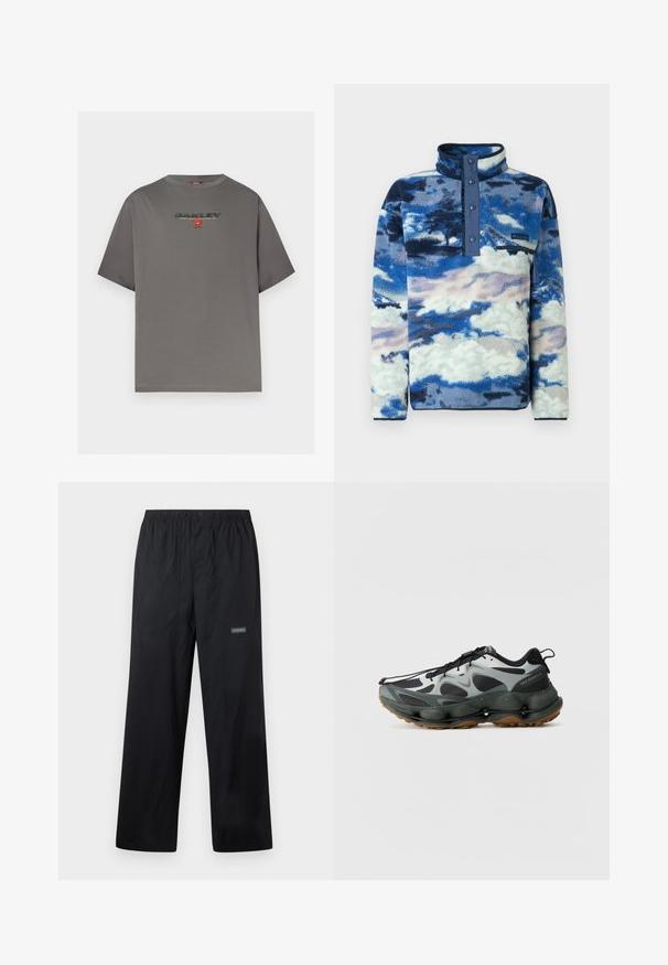 Pull-over en polaire bleu et blanc avec motif de nuages, patte de boutonnage pressionnée et poche poitrine zippée.; T-shirt gris à manches courtes avec le logo "OAKLEY" et un petit graphisme rouge centré sur la poitrine, présenté sur un fond blanc uni.; Pantalon d'extérieur léger noir avec taille élastique, bouton à l'avant, deux poches avant et petit logo Columbia sur la cuisse droite.; Chaussures de sport noires et grises avec tige en mesh, semelle sculptée et semelle extérieure en caoutchouc. Présente un système de laçage sécuritaire et une languette à l'arrière.