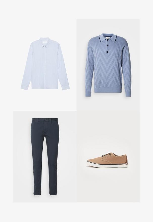 Polo tricoté bleu clair avec un motif en chevron, trois boutons noirs et un col marine contrastant. Manches longues et poignets côtelés.; Chemise à manches longues à rayures bleu clair. Elle possède un col traditionnel, des boutons blancs et un tissu en mélange de coton lisse.; Chinos bleu marine en coton léger, à coupe droite, avec fermeture à bouton et poches avant. Texture lisse avec un minimum de détails.; Baskets en toile beige avec lacets bleu marine, semelle blanche et accents marron au talon. Design bas avec bout rond et coutures contrastées.