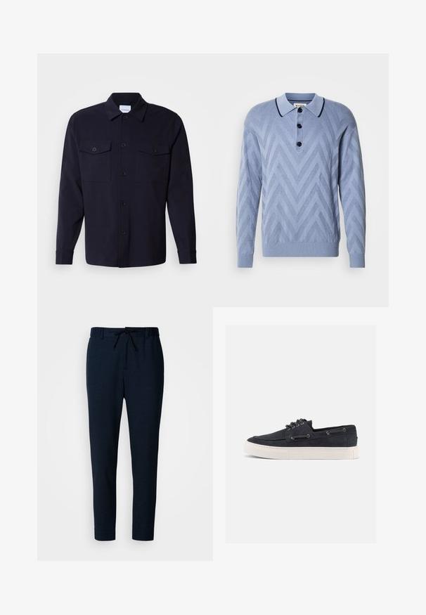 Lichtblauwe gebreide polo met een chevronpatroon, drie zwarte knopen en een contrasterende marineblauwe kraag. Lange mouwen en geribde manchetten.; Navyblauwe overhemdenjack gemaakt van zachte stof, met twee borstzakken, een knoopsluiting aan de voorkant en lange mouwen met knoopmanchetten.; Donkerblauwe broek gemaakt van een zachte, lichtgewicht stof. Heeft een taille met trekkoord, taps toelopende pijpen en een gladde textuur.; Casual sneaker van marineblauw suède met witte rubberen zool, zwarte veters en metalen veteroogjes, gezien vanaf de rechterkant tegen een effen achtergrond.