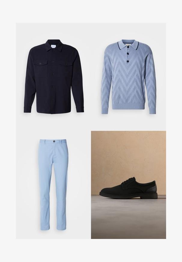 Polo de punto azul claro con un patrón en forma de chevron, tres botones negros y un cuello navy contrastante. Mangas largas y puños acanalados.; Chaqueta de camisa azul marino hecha de una tela suave, con dos bolsillos en el pecho, un frente abotonado y mangas largas con puños abotonados.; Chinos de algodón azul claro con un diseño de pierna recta, que cuentan con un cierre de botón único y sutiles pliegues frontales.; Zapato de vestir de cuero negro con cordones flotando sobre una alfombra beige, con un sofá beige a juego en el fondo.
