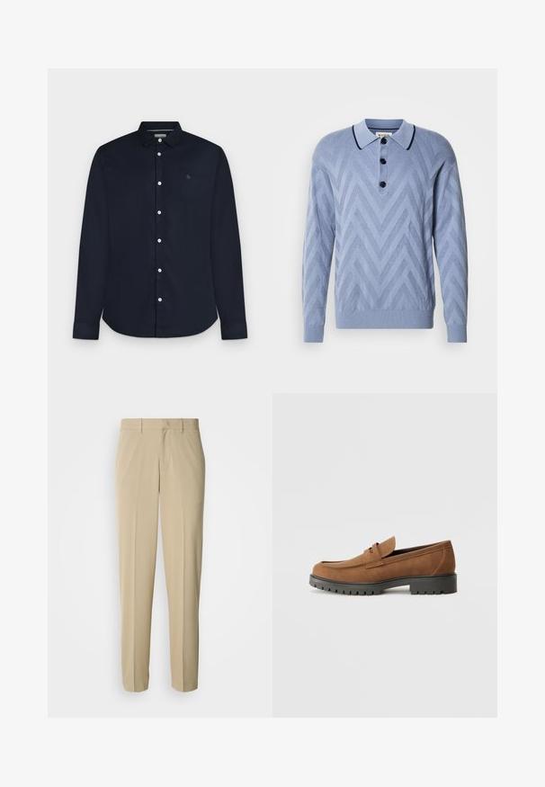Polo tricoté bleu clair avec un motif en chevron, trois boutons noirs et un col marine contrastant. Manches longues et poignets côtelés.; Chemise homme bleu marine à manches longues avec col et boutons blancs, présentée sur fond gris clair.; Pantalon beige à jambes droites, confectionné dans un tissu lisse, avec un devant plat et sans poches ni ornements visibles.; Mocassins en daim marron avec un bout arrondi et une semelle noire en caoutchouc basse, présentant une sangle décorative et des détails de couture sur le dessus.