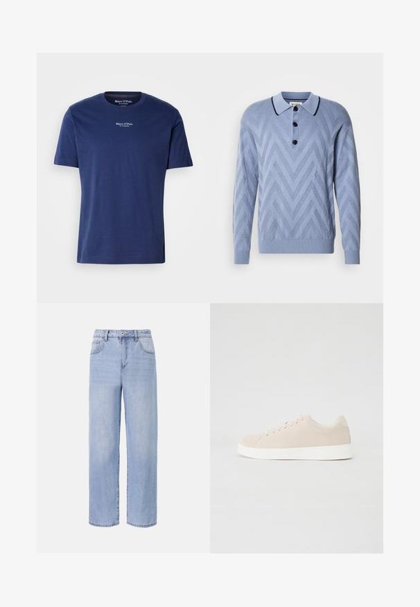 Lyseblå strikket polo med et chevronmønster, tre sorte knapper og en kontrasterende marineblå krave. Lange ærmer og ribbede manchetter.; Mørkeblå bomulds T-shirt med korte ærmer, rund udskæring og lille hvidt logo på brystet. Glat tekstur og afslappet pasform.; Lyseblå denimjeans med et afslappet, bredbenet design. Funktioner inkluderer fem lommer, en frontknaplukning og diskret falmning.; Beige ruskindsneakers med hvide gummisåler, rund tå og seks snøringshuller. Glat tekstur med minimalisk design.