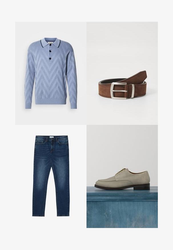 Polo tricoté bleu clair avec un motif en chevron, trois boutons noirs et un col marine contrastant. Manches longues et poignets côtelés.; Jean slim-fit bleu foncé avec des détails délavés, design classique à cinq poches, fermeture à bouton et passants de ceinture.; Chaussure en daim beige avec un design à lacets, bout arrondi et semelle marron foncé. Présente une texture lisse et des détails de couture minimalistes.; Ceinture en suède marron avec une boucle en métal argenté et des détails de coutures linéaires. La ceinture est plate et a une largeur et une forme classiques.
