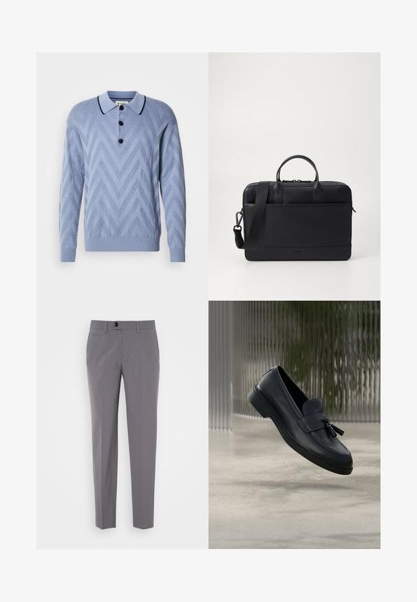 Polo de punto azul claro con un patrón en forma de chevron, tres botones negros y un cuello navy contrastante. Mangas largas y puños acanalados.; Pantalones grises a medida con una textura suave, diseño de pierna recta, cierre de un solo botón y bolsillos frontales. Sin patrones ni acentos visibles.; Mocasines de cuero negro con textura suave, punta redondeada y borlas decorativas en el frente. Suela de goma flexible con tacón bajo.; Maletín de cuero negro con dos asas y correa de hombro ajustable. Presenta un diseño elegante, textura suave y acentos minimalistas.