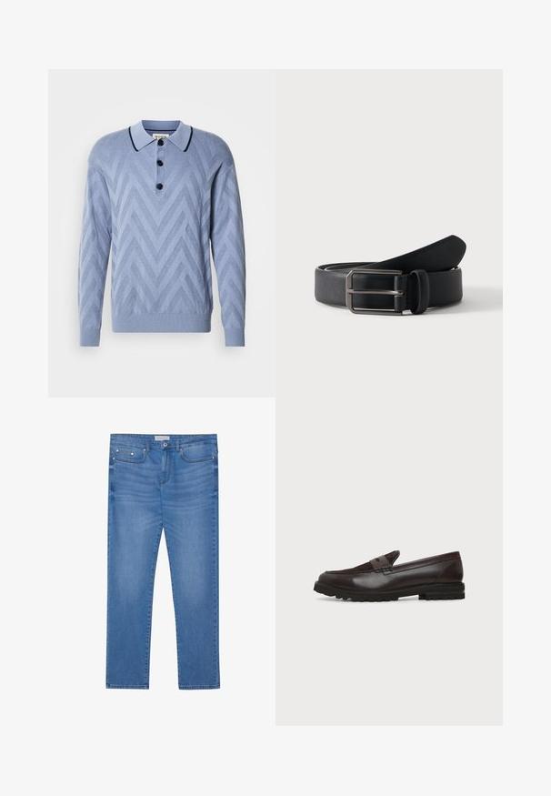 Himmelblaues gestricktes Polohemd mit einem Zickzackmuster, drei schwarzen Knöpfen und einem kontrastierenden dunkelblauen Kragen. Lange Ärmel und gerippte Bündchen.; Hellblaue Denim-Jeans mit geradem Bein, Fünf-Taschen-Design, subtilen Verwaschungen und metallischen Akzenten an der Taille und den Taschen.; Dunkelbrauner Leder- und Wildleder-Pennyloafer mit grober schwarzer Gummisohle, Seitenansicht vor weißem Hintergrund.; Schwarzer Ledergürtel, zusammengerollt mit rechteckiger silberner Metallschnalle auf schlicht hellem Hintergrund.