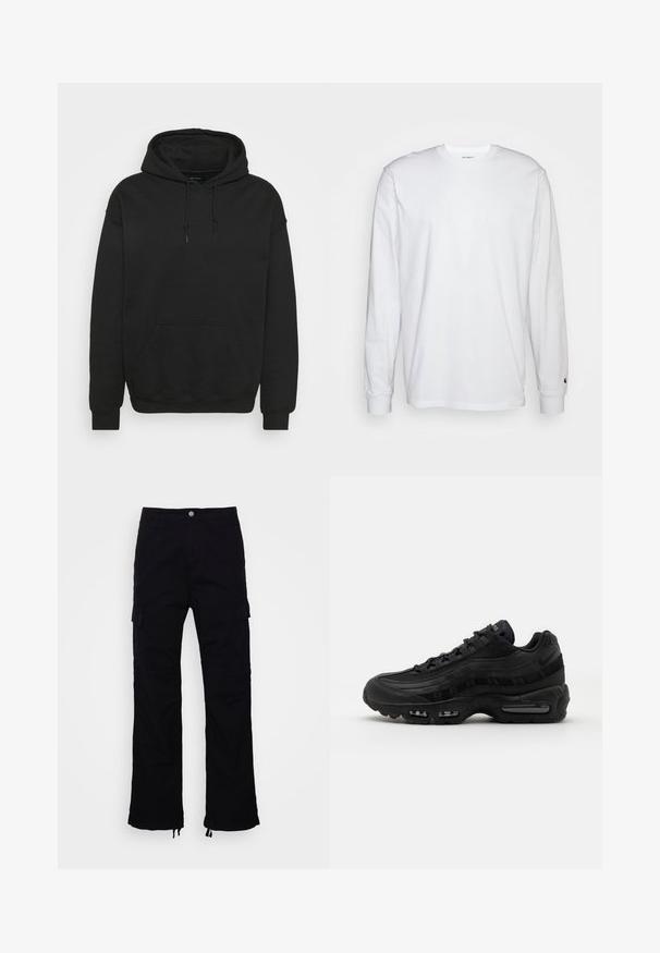 Sudadera negra de tejido de mezcla de algodón, que presenta una capucha con cordón, bolsillo frontal y puños y dobladillo acanalados. Textura suave.; Camiseta blanca de manga larga hecha de algodón. Diseño de cuello redondo con puños acanalados y un pequeño logo en la manga izquierda. Textura suave.; Pantalones cargo negros con un diseño de pierna recta, que cuentan con dos bolsillos laterales y bajos ajustables con cordón. Confeccionados en tejido duradero.; Nike Sportswear AIR MAX 95 ESSENTIAL - Zapatillas - black/dark grey