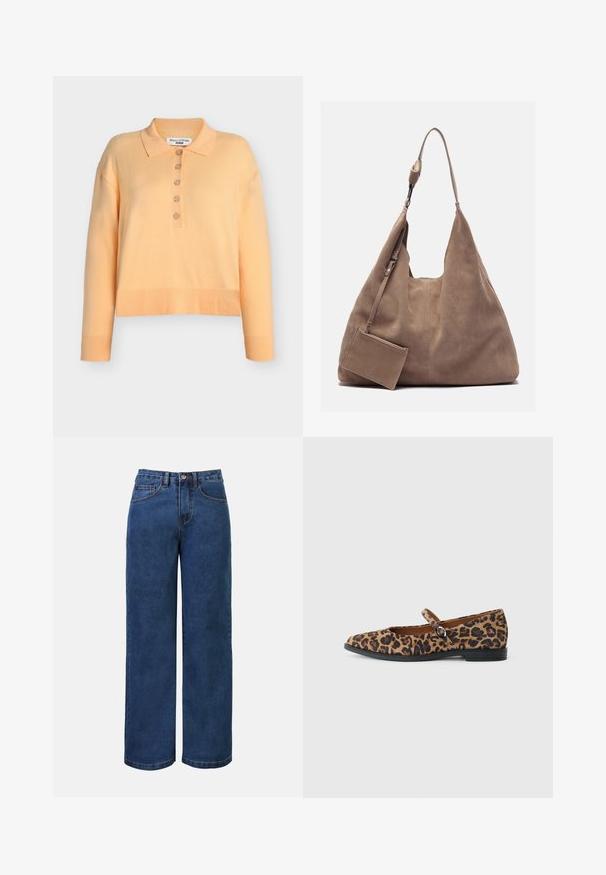 Lys orange cropped polotrøje med krave, fem-knaps placket og ribbet kant samt ærmegab, lavet af blødt, strikket stof.; Mørkeblå denim bukser med bred benvidde og høj talje, der har knaplukning, bæltestropper samt for- og baglommer. Glat tekstur.; Leopardmønstrede flade sko med rund tå, en sort rem over vristen og en lav sort sål. Blødt stof tekstur.; Zign LEATHER - Shopping bags - light brown