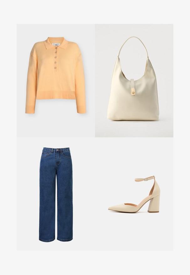Lys orange cropped polotrøje med krave, fem-knaps placket og ribbet kant samt ærmegab, lavet af blødt, strikket stof.; Mørkeblå denim bukser med bred benvidde og høj talje, der har knaplukning, bæltestropper samt for- og baglommer. Glat tekstur.; Beige patentlæder højhælede pumps med spids tå, ankelrem og kraftig hæl. Glat tekstur med minimale syninger.; Hobo-taske i cremefarvet læder med en enkelt skulderrem, glat tekstur og et guldfarvet spænde foran.