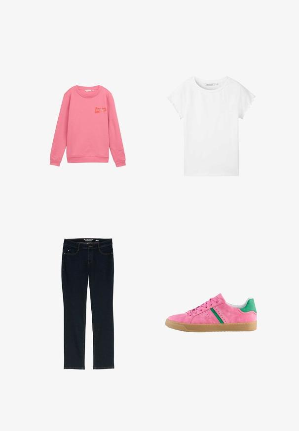 Sweat-shirt rose en tissu doux, avec un col rond, des manches longues, des poignets côtelés et un petit logo "pour toujours" en orange.; TOM TAILOR DENIM MIT ÄRMELDETAILS - T-shirt basique - white; Jean droit bleu foncé en denim. Comprend cinq poches, des coutures orange contrastantes et une étiquette à la taille avec le nom de la marque.; Baskets en suede rose avec accent vert au talon et rayures. Présente un bout rond, un devant à lacets et une semelle en caoutchouc gomme. Détails perforés sur les côtés.