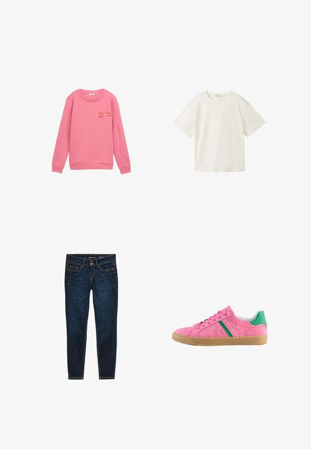 Roze sweatshirt van zacht materiaal, met een ronde hals, lange mouwen, geribbelde manchetten en een klein 'pour toujours' logo in oranje.; TOM TAILOR DENIM T-shirt basic - gardenia white; Donkerblauwe denim jeans met een slim fit, voorzien van oranje stiksels, vijf zakken en een knoopsluiting bij de taille.; Roze suède sneakers met groene hielaccent en strepen. Heeft een ronde neus, vetersluiting aan de voorkant en een gumrubberen zool. Geperforeerde details aan de zijkanten.