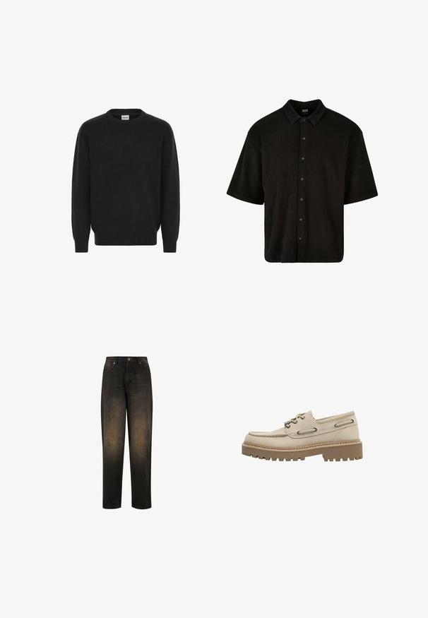 Sort strikket sweater med rund hals, lange ærmer og ribbede manchetter og kant. Lavet af blødt stof med en glat tekstur.; Sort kortærmet skjorte lavet af blødt stof, med krave og seks knapper foran, designet med en afslappet pasform.; Mørk denim jeans med en let falmet finish, der har lige ben, fem lomme-design og metalknap lukning.; Beige læder bådsko med snørebånd, tyk brun slidstærk sål med kraftigt mønster, mokasinsøm ved tåen, snøredetaljer på siden og metaløjer.