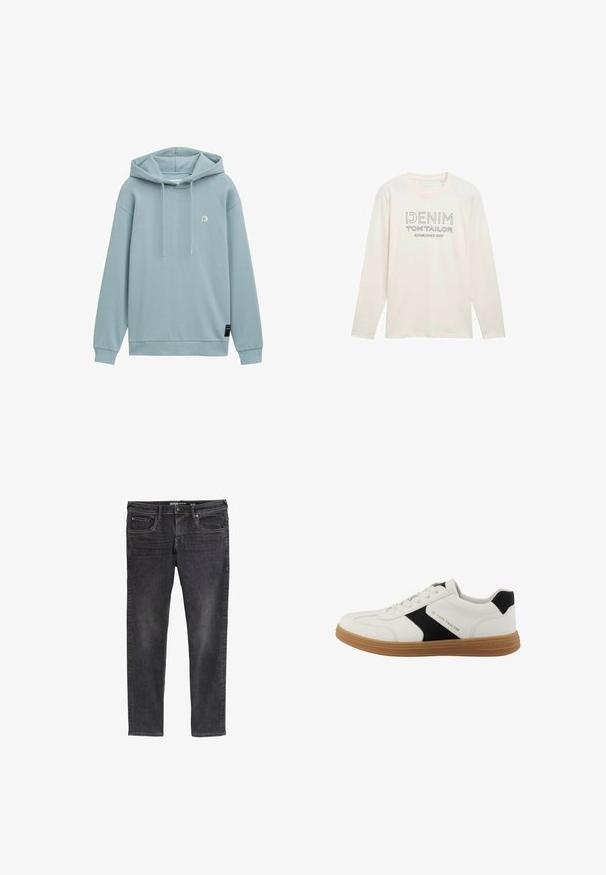 Hellblauer Kapuzenpullover mit Kängurutasche, Zugband an der Kapuze und kleinem Logo auf der Brust. Weiches Material mit gerippten Bündchen.; Hellbeige Langarmshirt mit Rundhalsausschnitt, auf dem ein graues Logo mit der Aufschrift "DENIM TOM TAILOR ESTABLISHED 2007" gedruckt ist.; Schmale schwarze Denim-Jeans mit einem verblassten Finish, fünf Taschen, Gürtelschlaufen und dezenten Nähdetails an den Nähten.; Weißer Sneaker mit schwarzem Seitenakzent, brauner Sohle, Schnürsenkeln und "Tom Tailor"-Logo an der Seite und der Sohle.