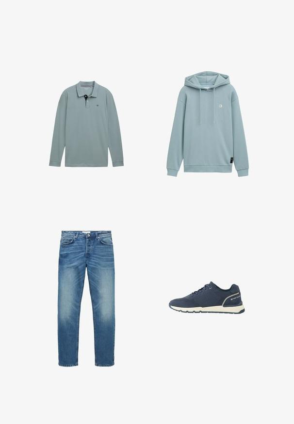 Lys blå hættetrøje med kængurulomme, snøre til hætten og et lille logo på brystet. Blødt stof med ribbede manchetter.; Langærmet polo-shirt i lys blå med en kontrastfarvet navy krave. Cotton materiale, med et lille logo på venstre bryst. Klassisk pasform.; Lysblå denimjeans med lige pasform, der har fem lommer, knaplukning og diskret falmning på lårene.; Mørkeblå atletiksko med mesh-overdel, hvid sål, sort ydersål og "Tom Tailor"-logo på hælkappen.