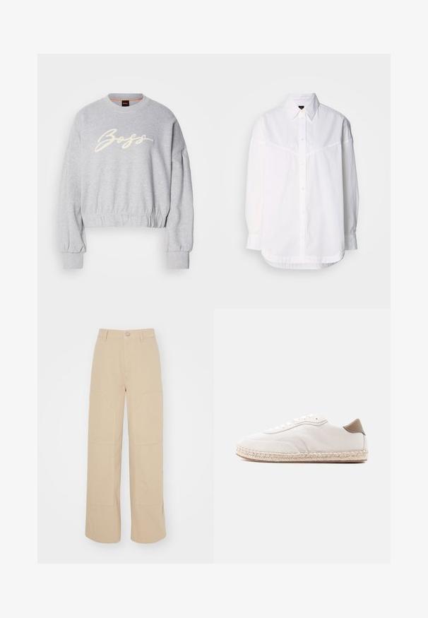 Sweatshirt court gris en tissu doux, présentant un logo "Boss" brodé en blanc sur le devant et des poignets élastiques aux manches et à l'ourlet.; Chemise blanche à manches longues en coton, dotée d'un col boutonné, de boutons sur le devant et d'une coupe décontractée avec des détails de couture subtils.; Pantalons larges beiges en coton. Présente deux grandes poches avant et une fermeture à bouton en métal à la taille. Texture lisse.; Baskets blanches avec une tige en daim, des accents beiges et une semelle en jute tressé. Elles sont équipées de lacets plats et arborent un logo de marque sur le côté.