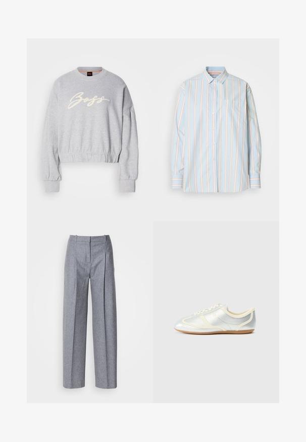 Grå cropped sweatshirt lavet af blødt stof, med et hvidt broderet "Boss" logo på fronten og elastiske manchetter ved ærmerne og kanten.; Lyseblå button-up skjorte med lodrette striber i hvid og blød pink. Inkluderer en brystlomme og kontrasterende stribede manchetter. Blødt stof tekstur.; Lys grå bredbenede bukser i et struktureret stof, med plisseringer foran og en skræddersyet talje. Minimalistisk design, ingen synlig hardware.; Sølvfarvede syntetiske sneakers med cremefarvede detaljer, lav profil, rundet snude og flad gummisål; har klassiske syninger og snørelukning.