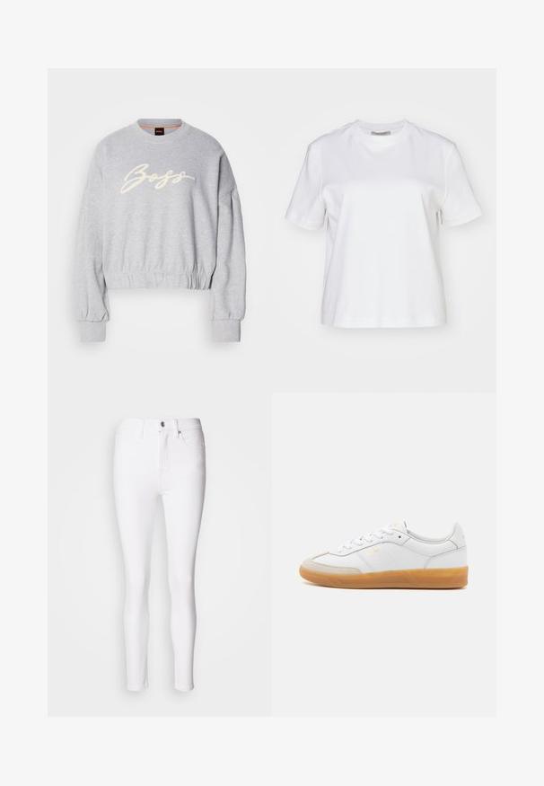 Grauer, verkürzter Pullover aus weichem Material, mit einem weißen, gestickten "Boss"-Logo auf der Vorderseite und elastischen Bündchen an den Ärmeln und am Saum.; AllSaints LISA TEE - T-Shirt basic - white; Weiße Denim-Skinny-Jeans mit hoher Taille, ausgestattet mit einem Frontknopf und Reißverschluss sowie fünf Taschen. Glatte Textur, figurbetontes Design.; Weiße Ledersneaker mit beigen Wildlederakzenten, Gummi-Rahmen und Schnürdesign. Verfügt über dezente Markenkennzeichnung in Gold.