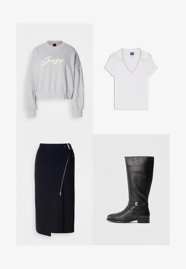 Hall grey lõikega pehme riidega särk, mille esiosas on valge broderie "Boss" logo ja elastsed mansetid varrukatel ning allservas.; Valge lühikeste varrukatega särk V-kaelusega ja laia kraega, valmistatud tekstuurse kangaga, kaelasisesel küljel sinise "HUGO" sildiga.; Tumed püksijärk, mis on valmistatud venivast kangast, külgcipptootega, ebatasase lõikega ja elegantsse siluettiga.; Must have musta sirgeda musta sisetallaga, väikese kuldse nööbiga, ümarat nina ja madala virnastatud kontsaga. Lihtne ja elegantne disain.