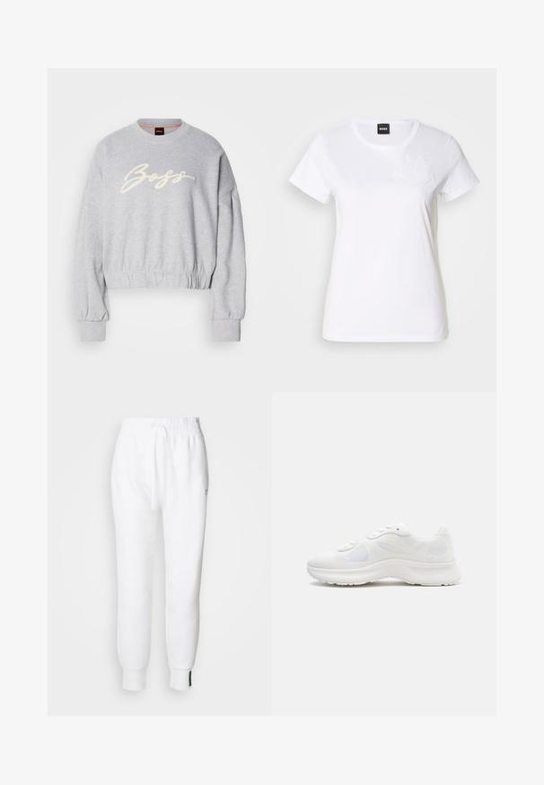 Hall grey lõikega pehme riidega särk, mille esiosas on valge broderie "Boss" logo ja elastsed mansetid varrukatel ning allservas.; Valge puuvillane T-särk lühikeste varrukatega. Vasakul rinnal on tooniühtlane lilleline tikand. Klassikaline ümmargune kaelus.; Valged jooksupüksid elastse vöökoha ja nööriga, küljepockets ja soonikute sooned. Pehme kangas, millel on tikkitud logo. ; Valge madala lõikega spordijalats võrgust ja tekstureeritud kangast pealsega, pehmendatud tallaga ja paeltega kinnitusega, nähtav külgvaates.
