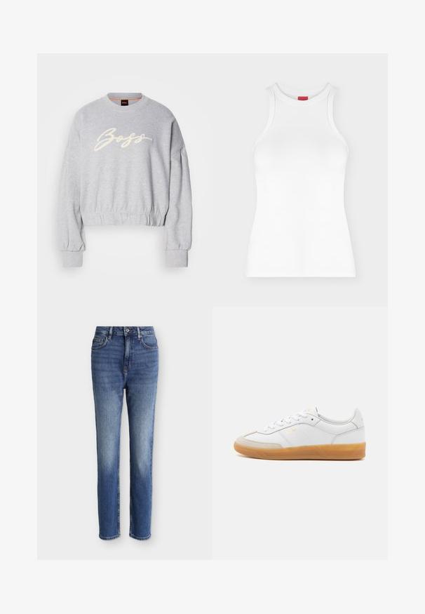 Hall grey lõikega pehme riidega särk, mille esiosas on valge broderie "Boss" logo ja elastsed mansetid varrukatel ning allservas.; Valge varrukateta soonikkoes tanktop, kõrge ümara kaelusega ja kehakujuline, kujutatud lihtsal heledal taustal.; Keskmise sinise värvusega kõrge vöökohaga sirgete säärtega teksapüksid, esiosa taskud, vööaasad, nööpkinnitusega ja õlgadel ning põlvedel peened tuhmid detailid.; Valge nahast tenniseking, millel on beeži luksusliku sameti detailid, kummi kummist tald ja seotud disain. Esitleb diskreetset kuldset brändimist.