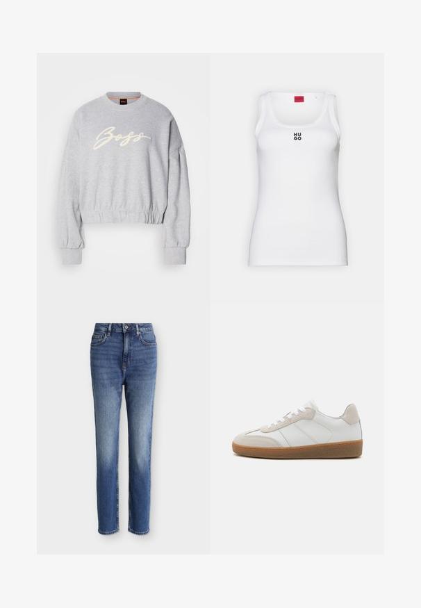 Grå cropped sweatshirt lavet af blødt stof, med et hvidt broderet "Boss" logo på fronten og elastiske manchetter ved ærmerne og kanten.; Hvid tanktop lavet af bomuld, med et enkelt design og en rund halsudskæring samt et sort "HUGO" logo i midten. Glat tekstur.; Mellemblå højtaljede straight-leg jeans med forlommer, bæltestropper, knappelukning og subtile falmede detaljer på lår og knæ.; Hvide lædersneakers med beige ruskindsdetaljer, struktureret tunge og gummisål. Har hvide snørebånd og diskrete stikninger.
