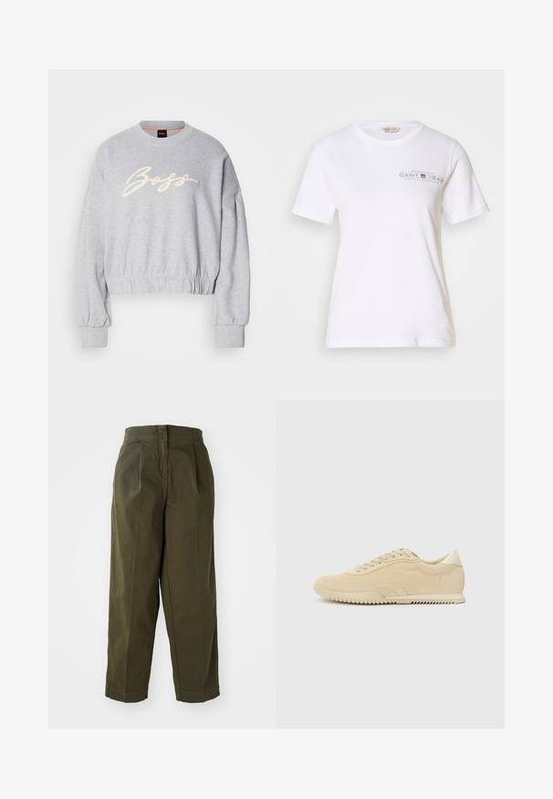 Hall grey lõikega pehme riidega särk, mille esiosas on valge broderie "Boss" logo ja elastsed mansetid varrukatel ning allservas.; Valge puuvillane T-särk lühikeste varrukatega, ümmargune kaelus, millel on ees tumehall trükitud logo ja tekst. Sile tekstuur.; Olive roheline, laiad püksid kõrge vöökohaga, mis on varustatud ees olevate voldikute ja ülespööratud äärega. Valmistatud kergest kangast sujuva tekstuuriga.; Beige nubukist sneakers, millede sidemehhanismiga, tekstuuriga ülemise osaga, kontrastse kummist tallaga ja kerge kontsaga. Minimalistlik stiil koos diskreetse brändimisega.