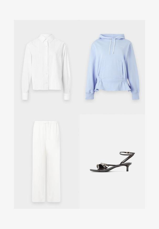 Sweat à capuche bleu clair avec cordons blancs, manches longues, poches avant, taille élastique cintrée et broderie discrète sur la poitrine.; Chemise blanche à boutons, fabriquée en tissu léger. Présente des manches longues, un col classique et des rayures verticales discrètes. Design court.; Pantalons blancs à jambes larges en tissu léger avec une taille élastique et un lien de fermeture. Texture lisse, sans motifs visibles ni éléments métalliques.; Sandale en cuir verni noir avec fines lanières, petit talon kitten, et fermeture à boucle ajustable à la cheville.