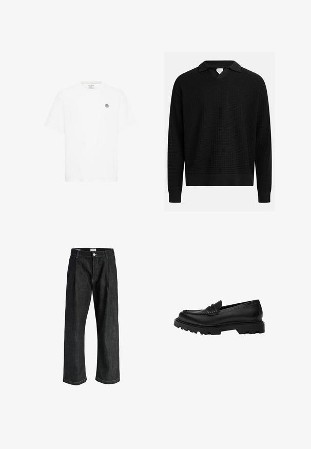 Schwarzer Strickpullover mit V-Ausschnitt und Kragen, der ein strukturiertes Rautenmuster, gerippte Bündchen und Saum aufweist. Leichter Stoff.; Weißes Kurzarm-T-Shirt mit Rundhalsausschnitt und einem kleinen grauen geometrischen Logo auf der linken Brust. Hergestellt aus weichem Baumwollmaterial.; Schwarze, gerade geschnittene Jeans aus Denim mit vorderen Bundfalten, Knopfverschluss, Gürtelschlaufen und sichtbaren weißen Nähten.; Schwarze Lederloafer mit einer robusten, strukturierten Sohle. Verfügt über eine dekorativ gestickte Kante und einen niedrigen Absatz für ein zeitgemäßes Design.